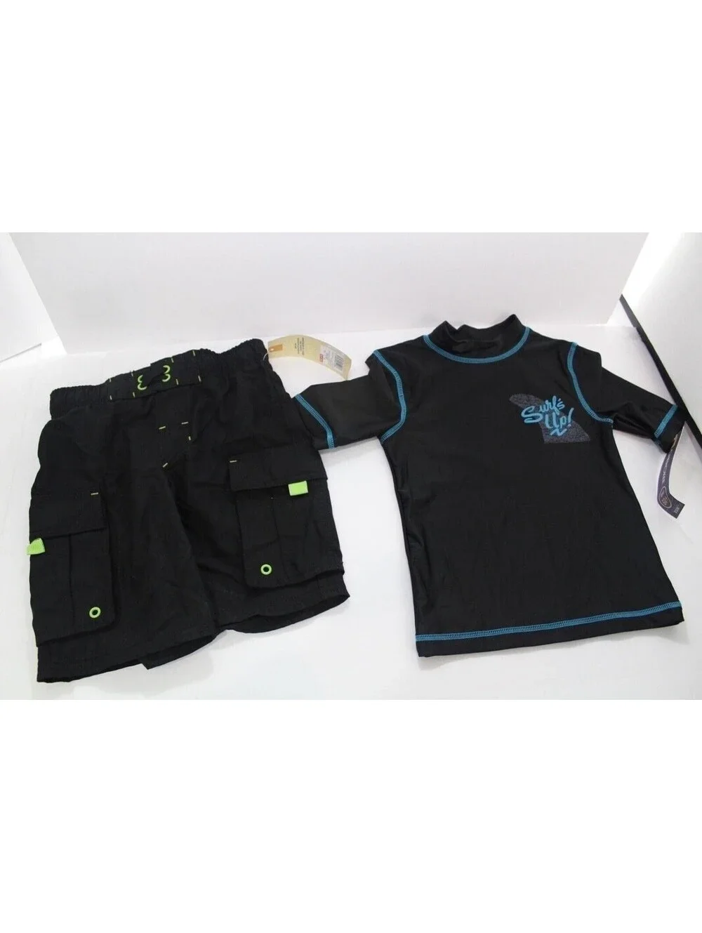 NWT Lot Boys Size XS 4-5 Cherokee Black Swimsuit & Surfs Up Swim Shirt UPF 50+